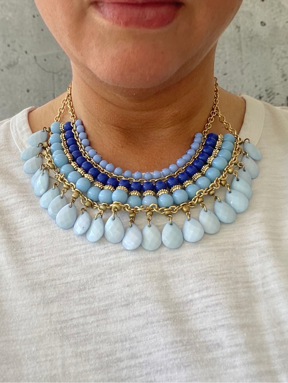 Blue Ombre Beaded Bib Statement Gold Tone Teardrop Fringe Necklace